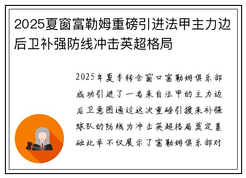 2025夏窗富勒姆重磅引进法甲主力边后卫补强防线冲击英超格局 2025夏窗富勒姆重磅引进法甲主力边后卫补强防线冲击英超格局